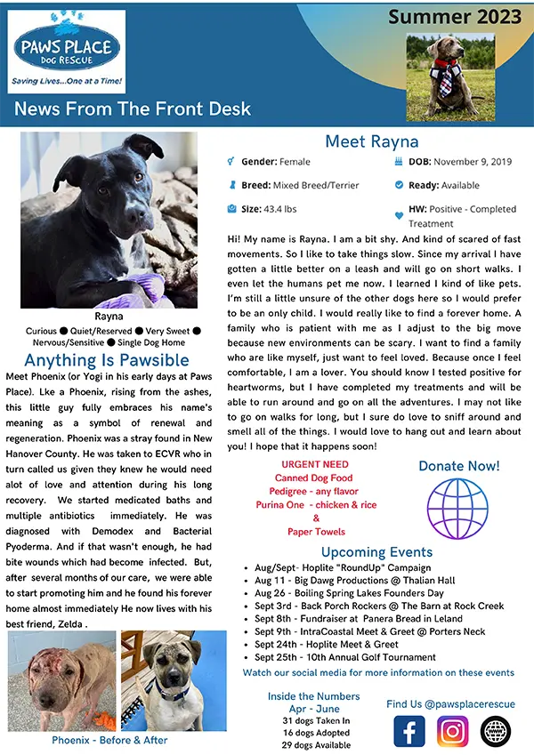 Summer 2023 Paws Place Quarterly Newsletter